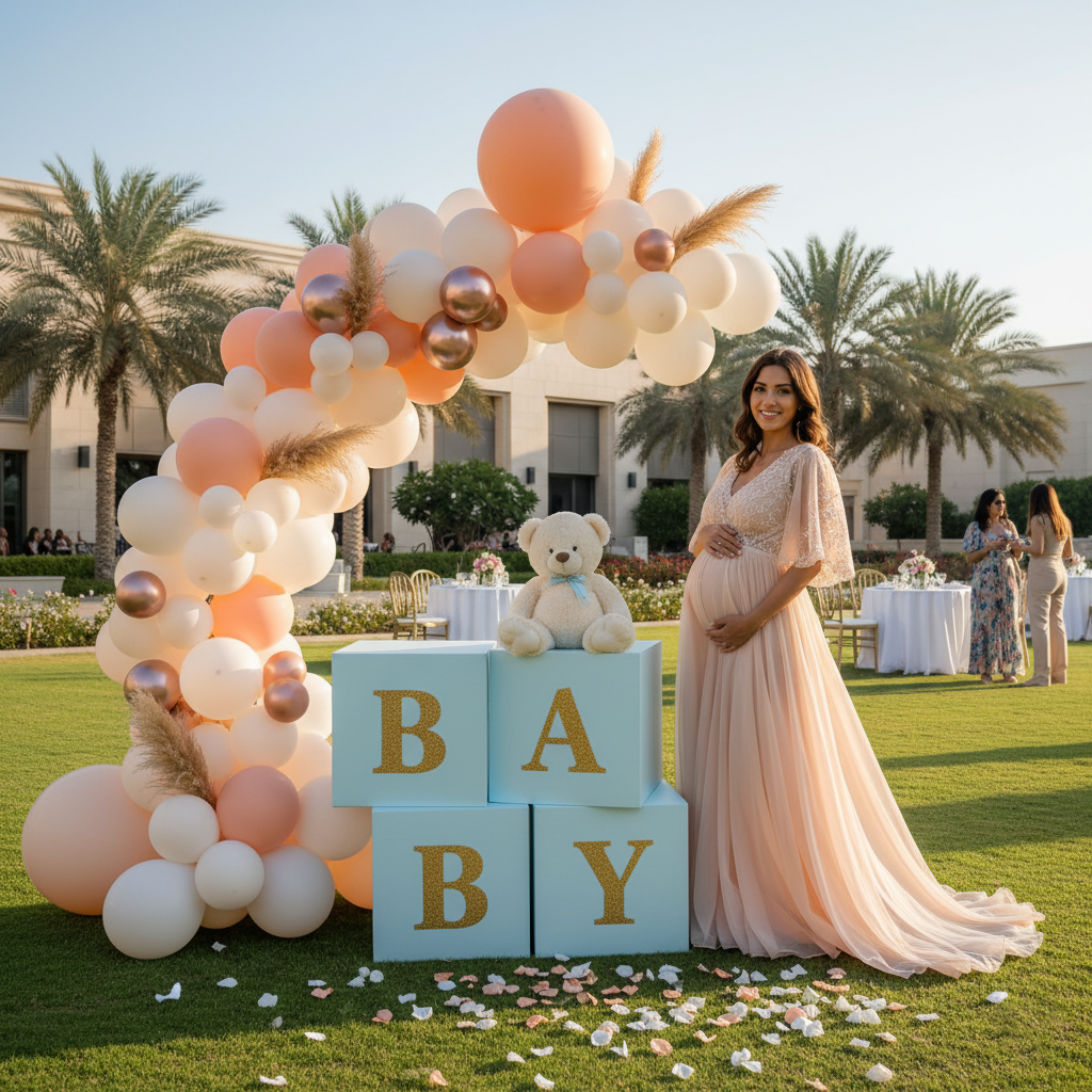 A pregnant woman in a flowing blush gown poses beside pastel blue blocks spelling “BABY” and a teddy bear, under a peach and white balloon arch at an outdoor baby shower surrounded by palm trees and guests.